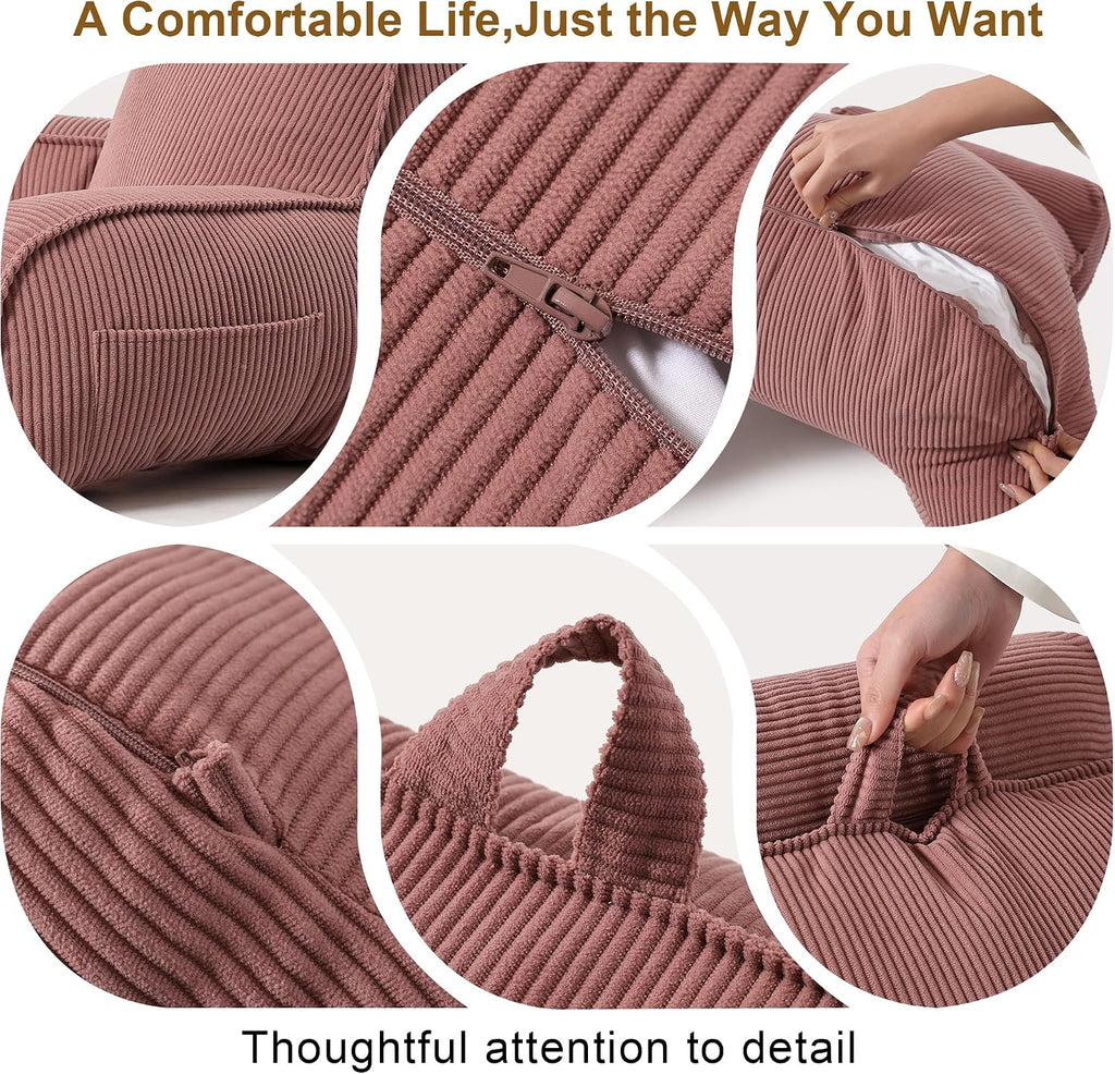 Ailuteie Corduroy Reading Pillow with Arms & Detachable Neck Roll, Bed Rest Back Support, Adult Cushion for Sitting Sofa & Floor, Side Pock…