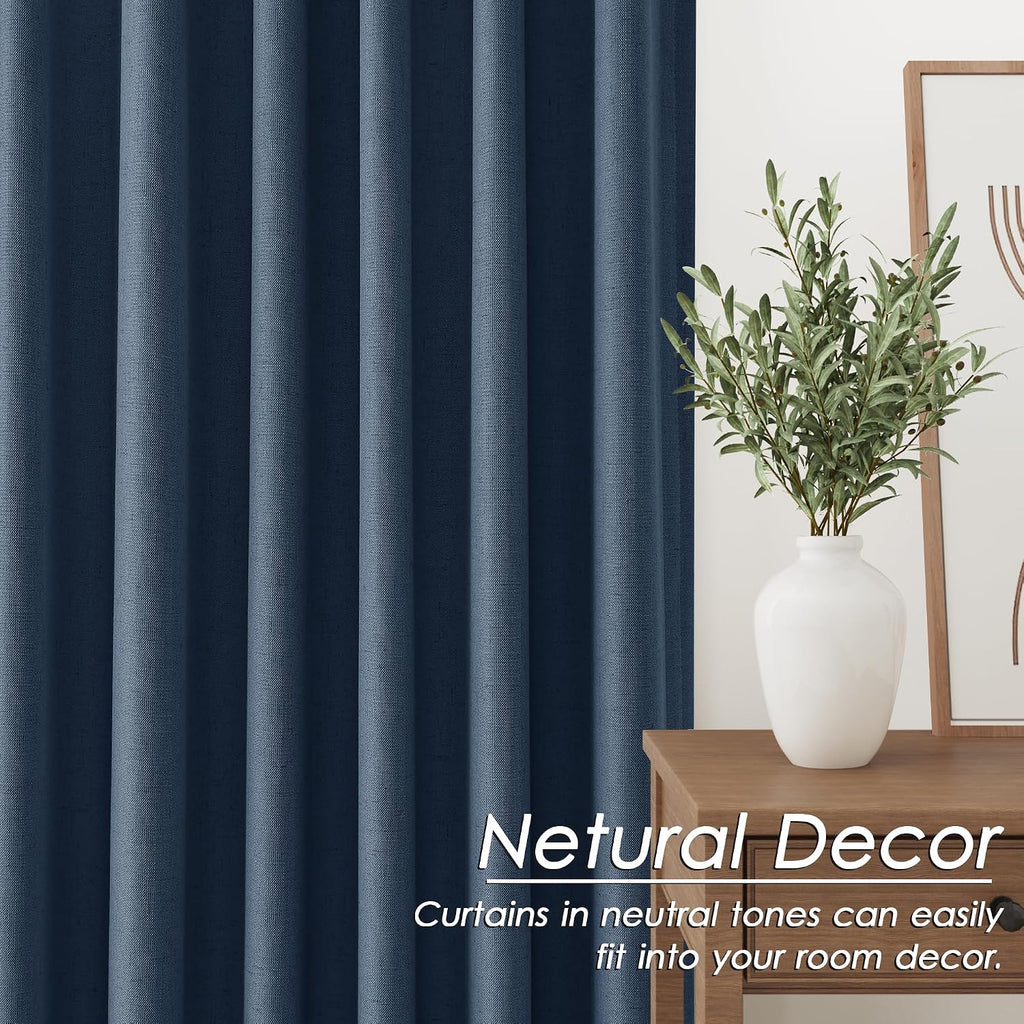 Nanspring Denim Blue 100% Blackout Linen Curtains 108 Inches Long for Bedroom Back Tab Thermal Insulated Modern Farmhouse Decor Black Out C…