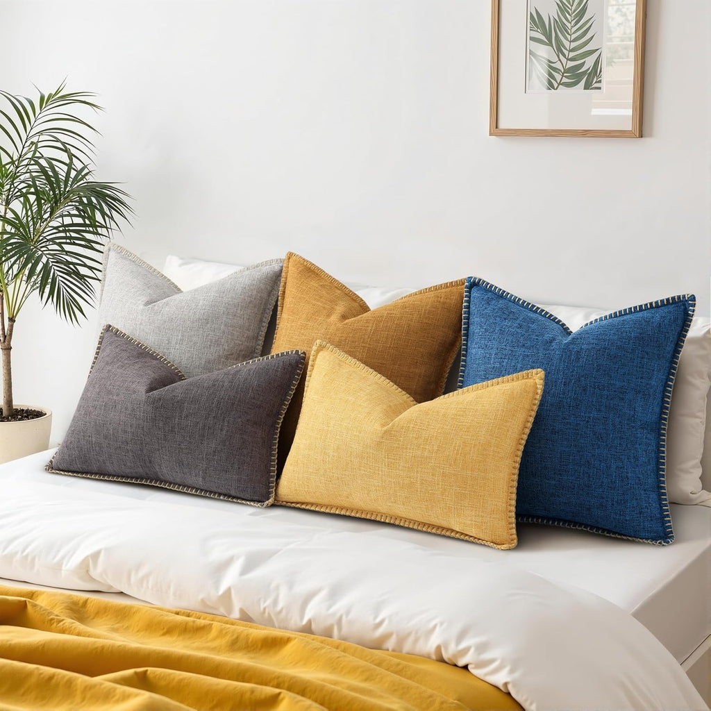 decorUhome Summer Decorative Throw Pillow Covers 18x18 Set of 2 Square Faux Linen Outdoor Neutral Farmhouse Pillow Covers with Stitched…