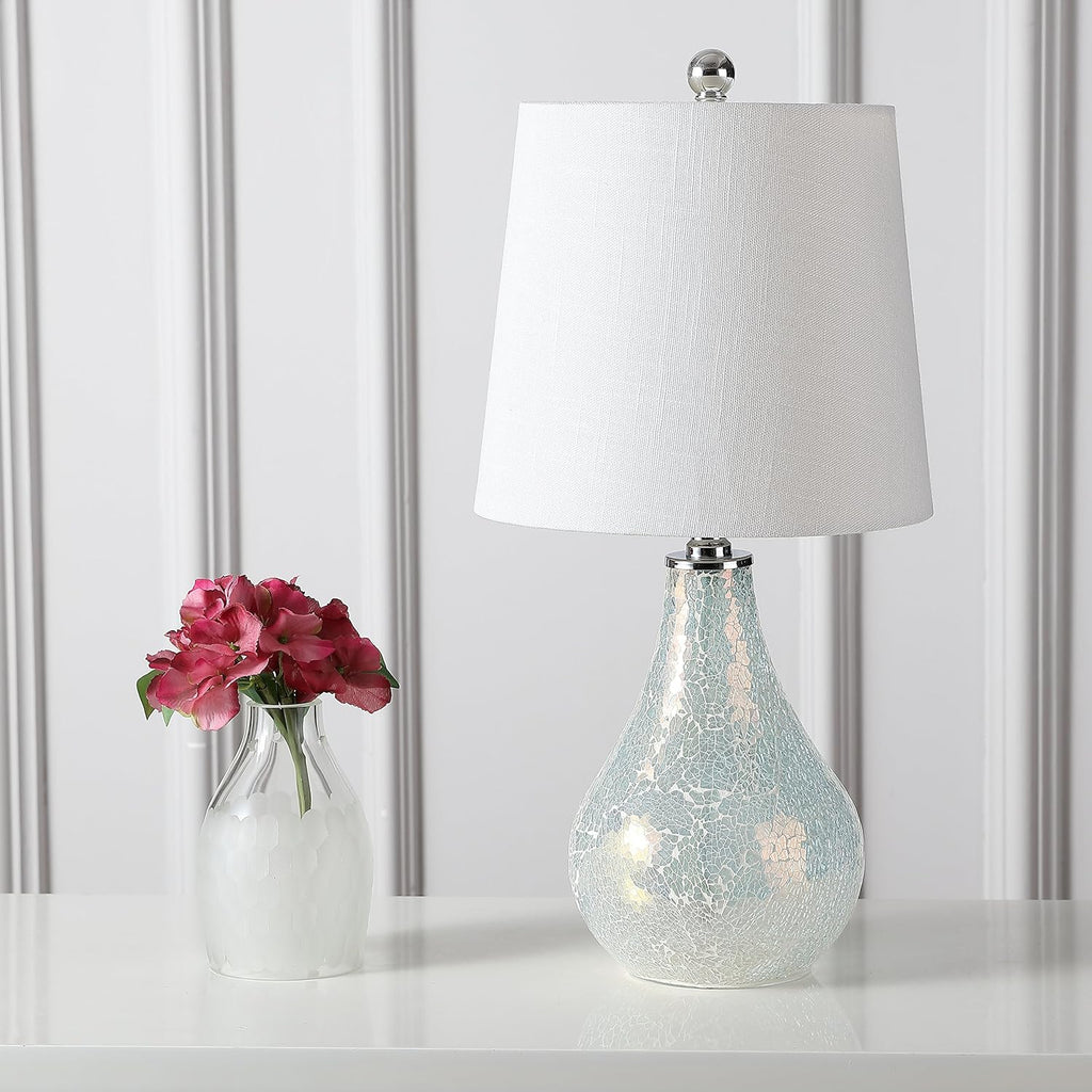 JONATHAN Y 20.5" Mosaic White Coastal Mini LED Table Lamp for Living Room Office, White Linen Drum Shade, Modern Mother of Pearl Bedside…