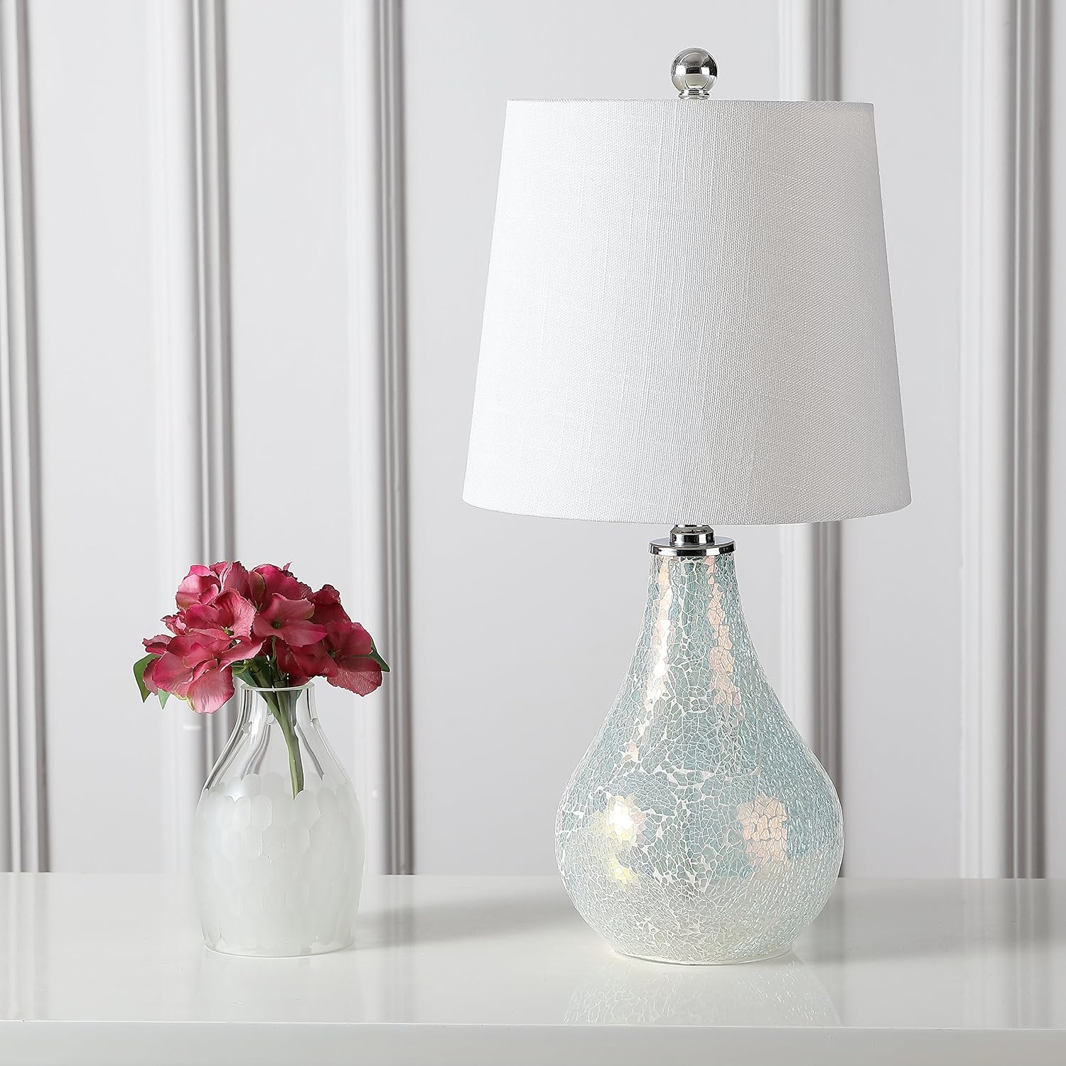 JONATHAN Y 20.5" Mosaic White Coastal Mini LED Table Lamp for Living Room Office, White Linen Drum Shade, Modern Mother of Pearl Bedside…