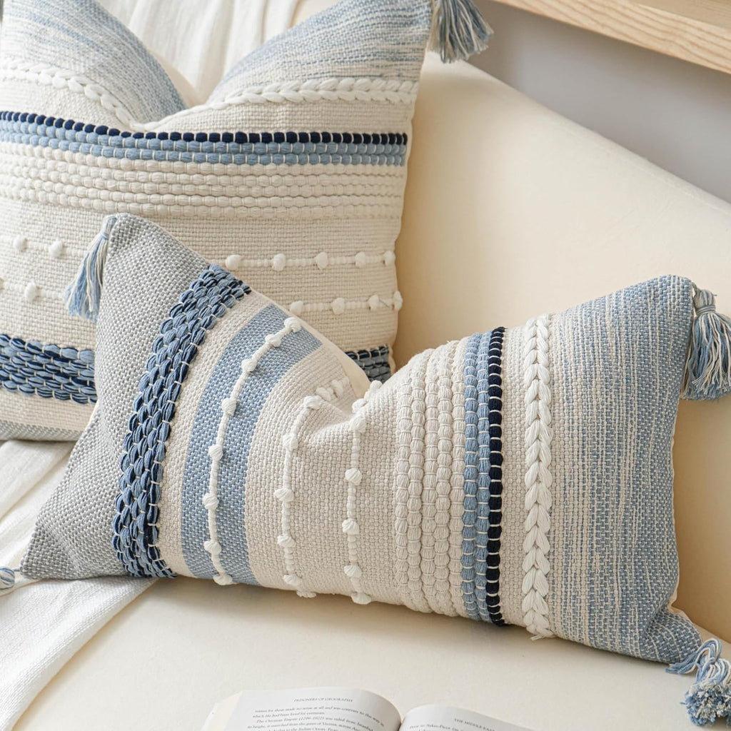 BlissBlush Coastal Blue Boho Decorative Throw Pillow Cover 20x20 Modern Bohemian Accent Pillow Case Square Woven Textured Farmhouse…