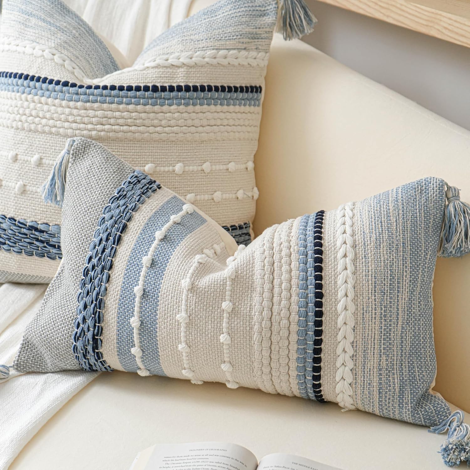 BlissBlush Decorative Lumbar Throw Pillow Cover 12x20 Coastal Blue Accent Cushion for Couch Sofa Farmhouse Pillowcase for Bedroom Living…
