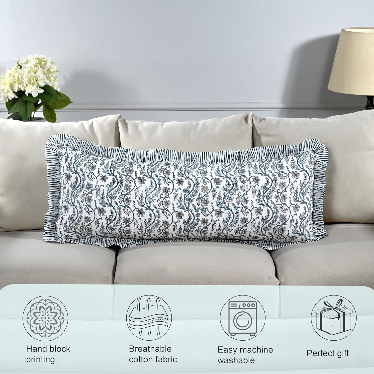 Ridhi Block Print Baby Blue Eyes 36"x14" Set 1-100% Cotton Ruffle Lumbar Sham Cover Boho Floral Pillowcase, Farmhouse Cottagecore…