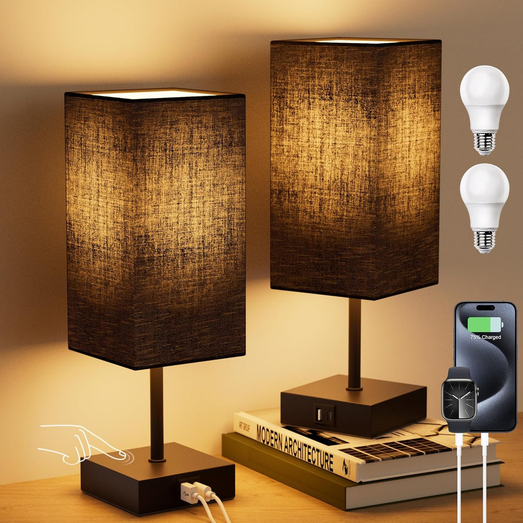 Bedside Table Lamps Set of 2, Touch Bedroom Lamp with USB C+A Charging Ports, 3 Way Dimmable Lamps for Night Stands, Small Table Lamp for…
