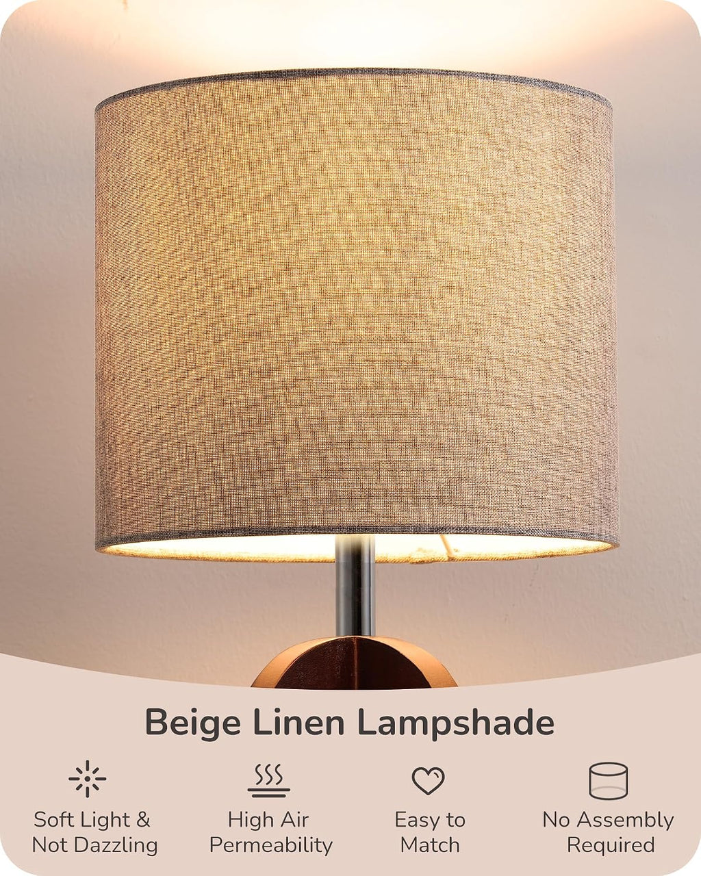 EDISHINE Modern Table Lamp with Integrated Four-Legged Wooden Base, Small Bedside Lamp with Grey Linen Lampshade, Cute Nightstand Lamp…