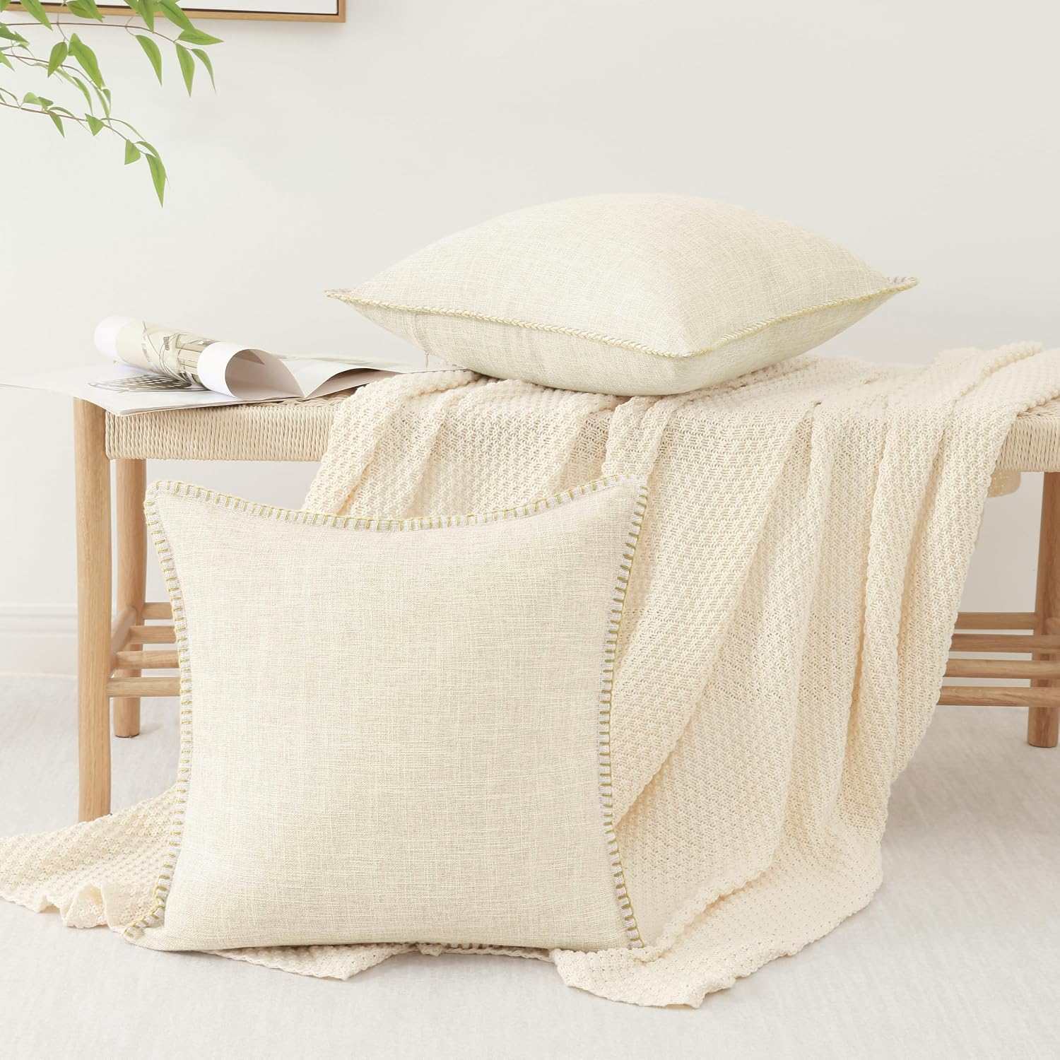 decorUhome Summer Decorative Throw Pillow Covers 12x20 Set of 2 Lumbar Faux Linen Farmhouse Pillow Covers with Stitched Edge Outdoor…