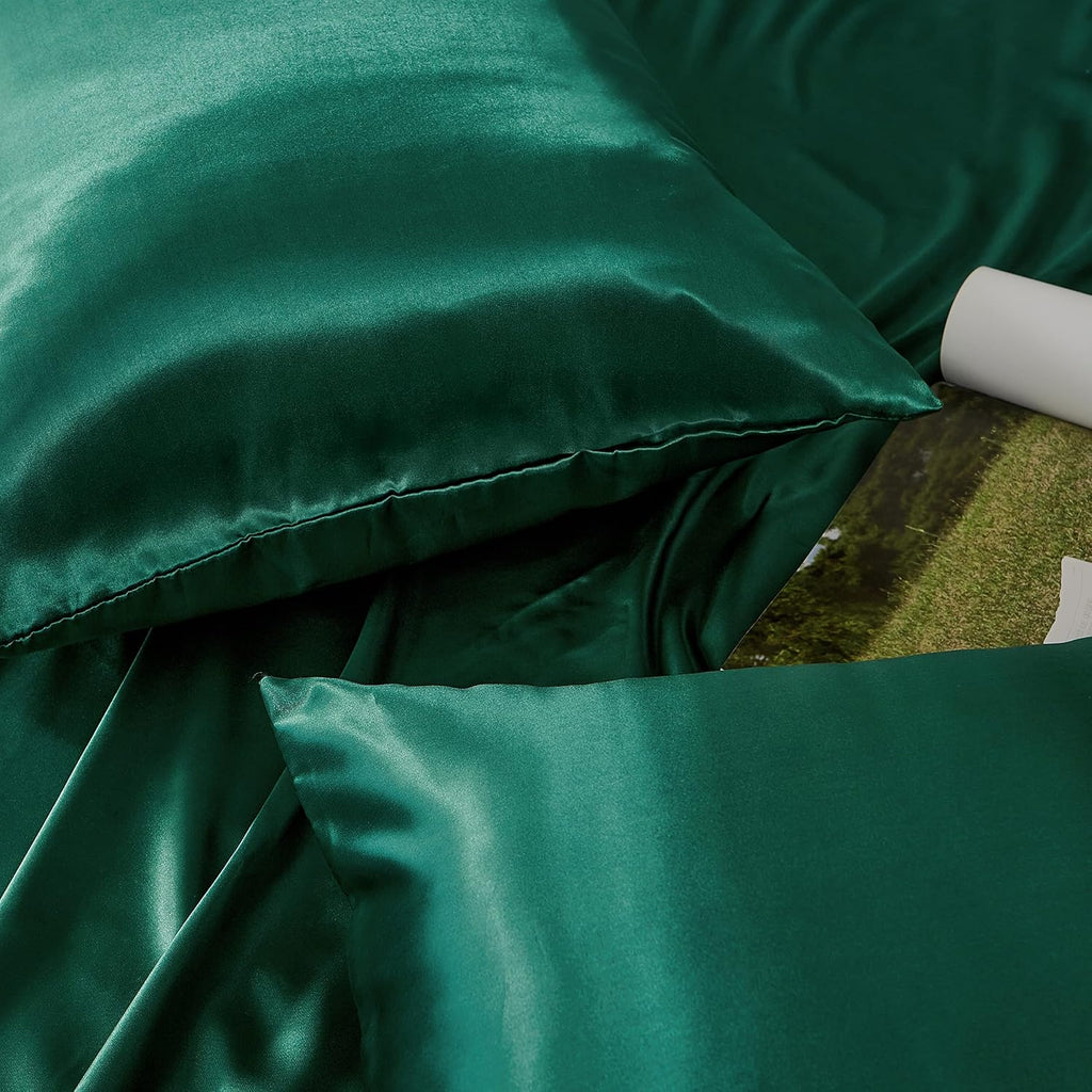 HommxJF Blackish Green Satin Pillowcase Queen Size Set of 2 for Hair and Skin, Blackish Green Silk Pillowcase Breathable Pillowcase with Env…
