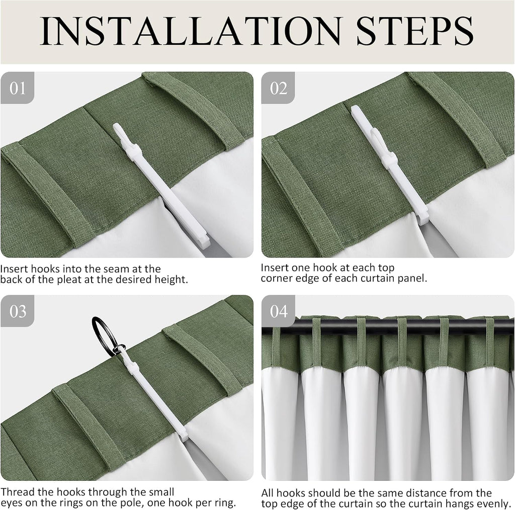Boodii Olive Green 100% Blackout Linen Pinch Pleated Curtains 108 Inches Long 2 Panels for Living Room Pleat Drapes Room Darkening Back Tab…