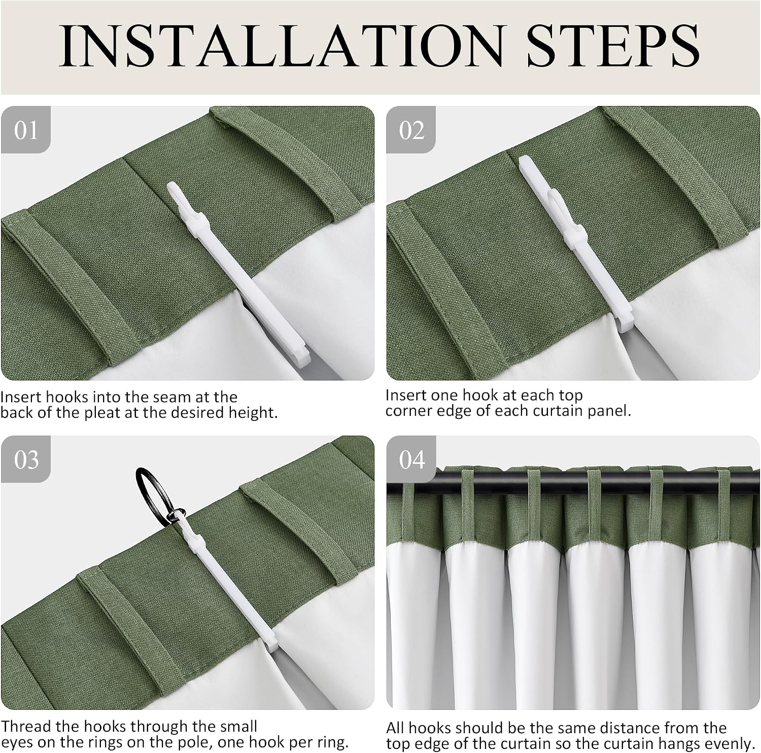 Boodii Olive Green 100% Blackout Linen Pinch Pleated Curtains 108 Inches Long 2 Panels for Living Room Pleat Drapes Room Darkening Back Tab…