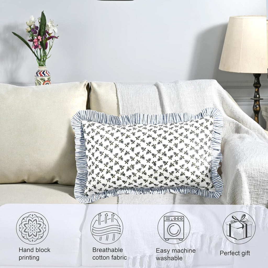 Ridhi Block Print Baby Blossoms 20"x12" Set 1-100% Cotton Ruffle Lumbar Sham Cover Boho Floral Pillowcase, Farmhouse Cottagecore Bedding…