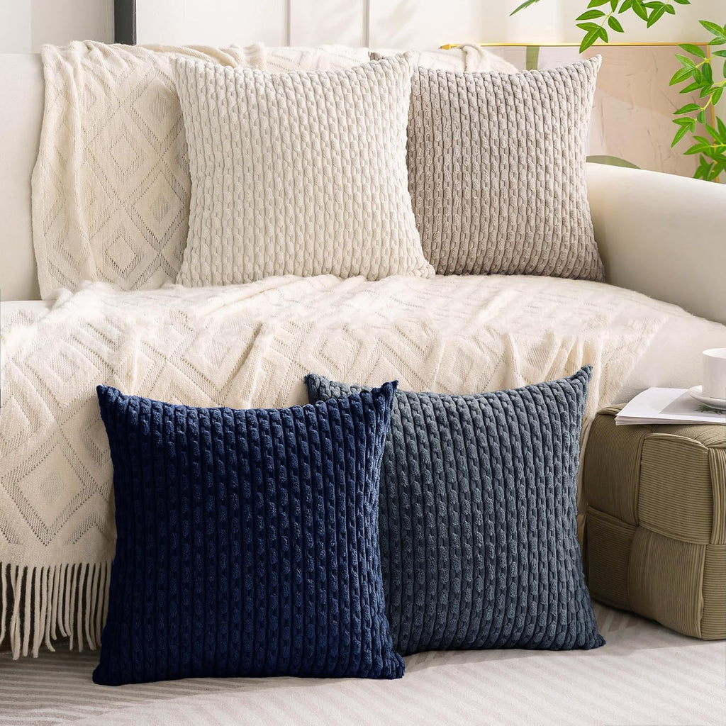Cozoomy Set of 4 Navy White Taupe Decorative Throw Pillow Covers 20x20 Inch Corduroy Pillow Covers for Bed Couch Sofa Living Room Soft Squa…