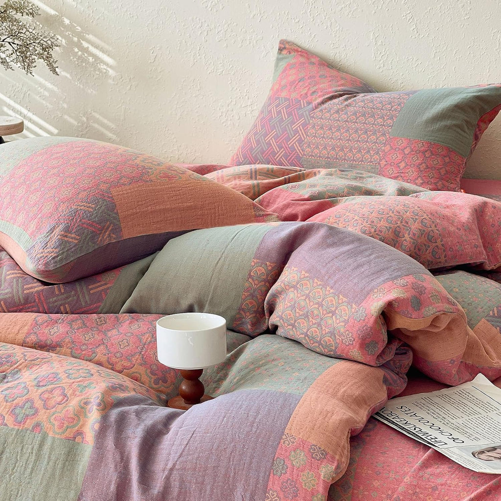 mixinni 100% Cotton Double Layer Yarn Duvet Cover Set, Vintage Patchwork Floral Jacquard Textured Comforter Cover, Reversible Boho Bedding…