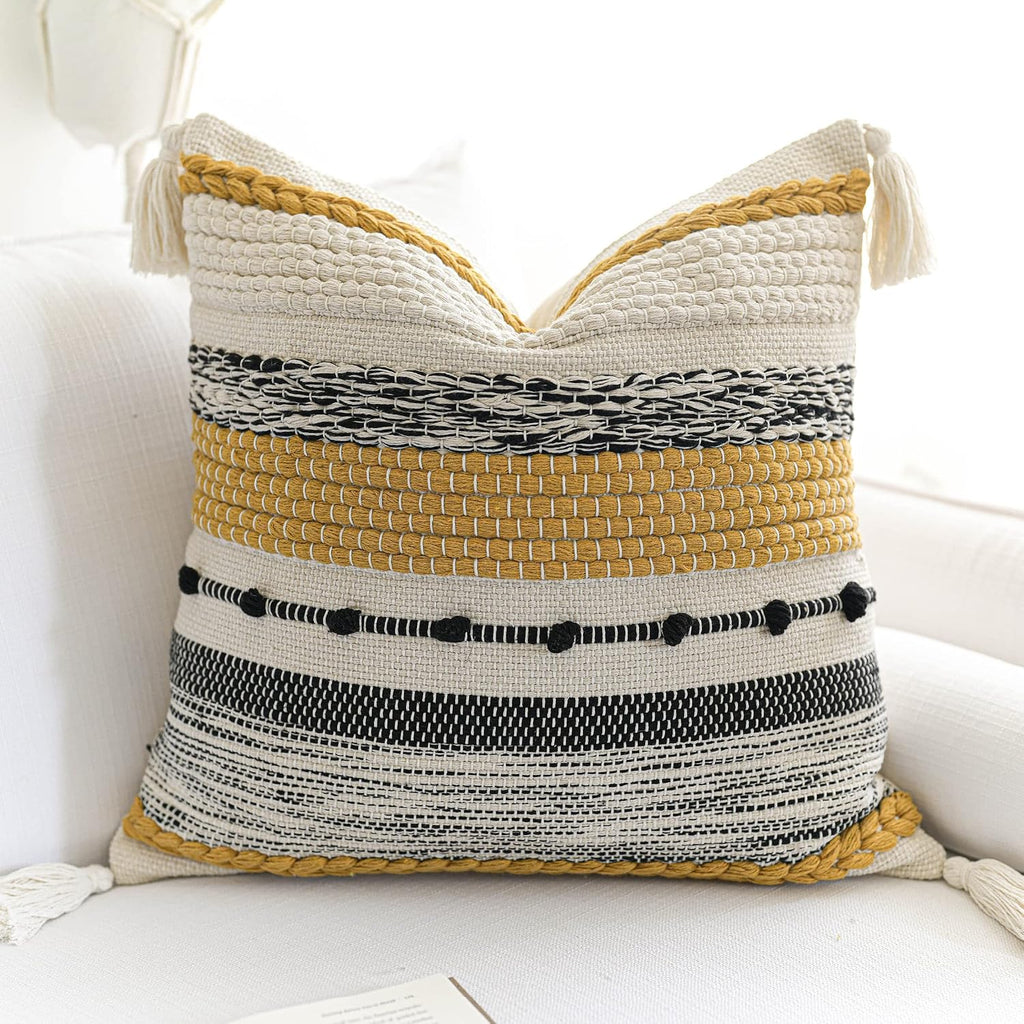 BlissBlush Yellow Mustard Decorative Throw Pillow Cover 20x20 Square Boho Accent Pillowcase Tassels Farmhouse Cushion for Couch Sofa…