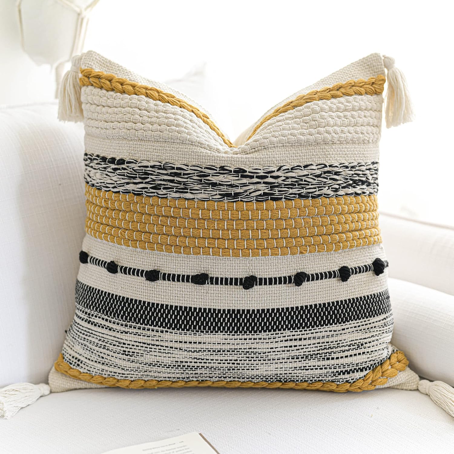 BlissBlush Yellow Mustard Decorative Throw Pillow Cover 20x20 Square Boho Accent Pillowcase Tassels Farmhouse Cushion for Couch Sofa…