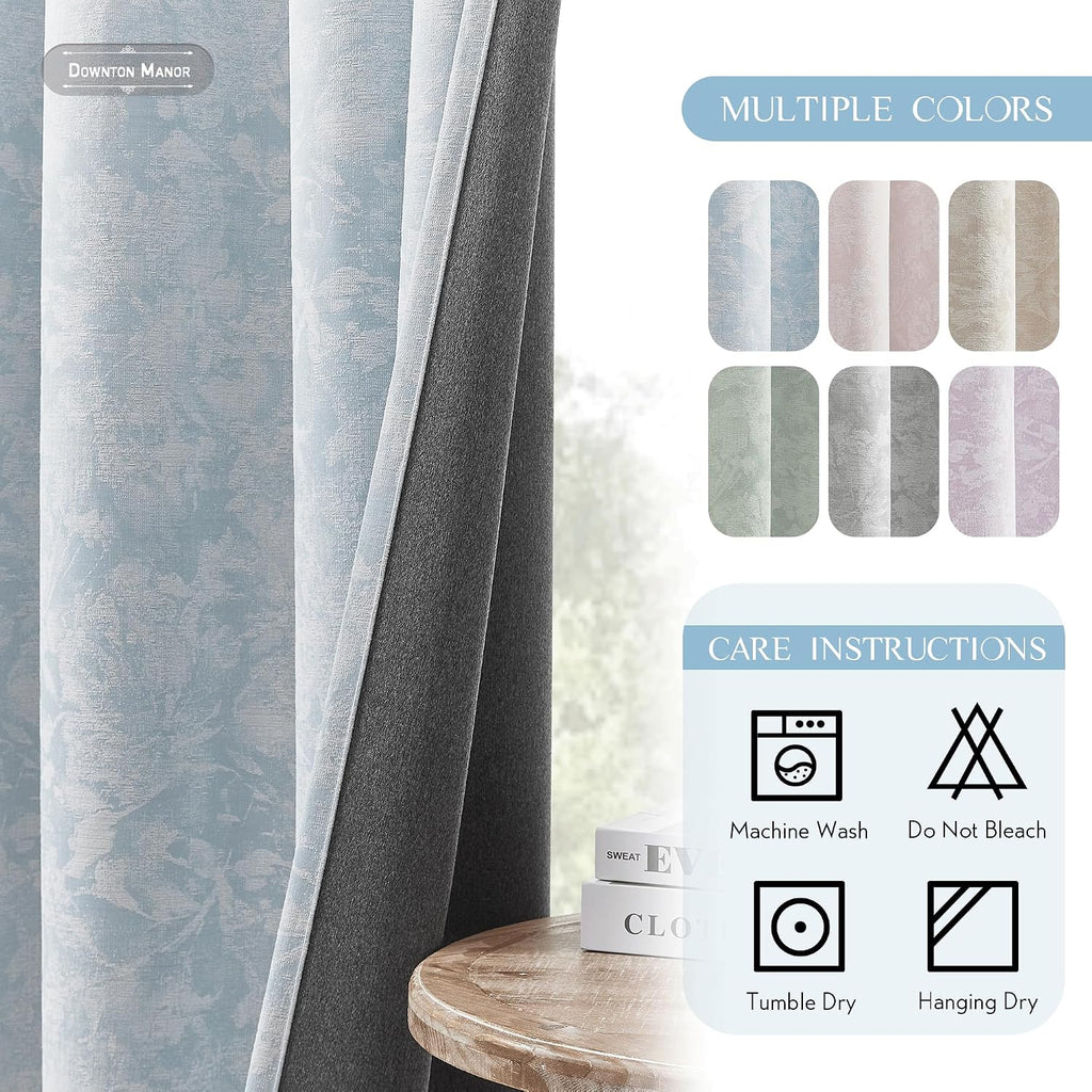 Beauoop Blue Floral Jacquard Blackout Curtains 84 Inches Long 2 Panels for Bedroom Living Room Chenille Flower Room Darkening Thermal…