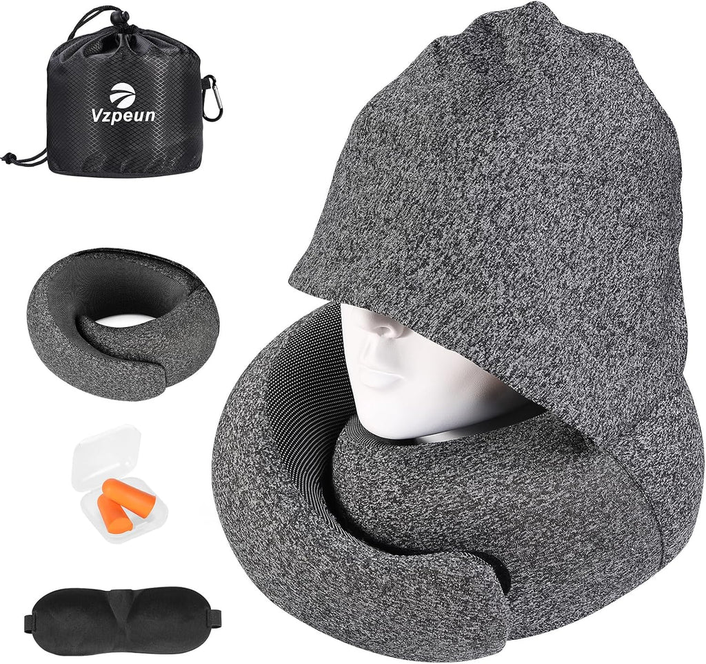 Vzpeun Travel Pillow - Hooded Neck Pillow Airplane Memory Foam Filling for Plane, Office, Cars Sleeping, Road Trip, Long Flights, Airplane…