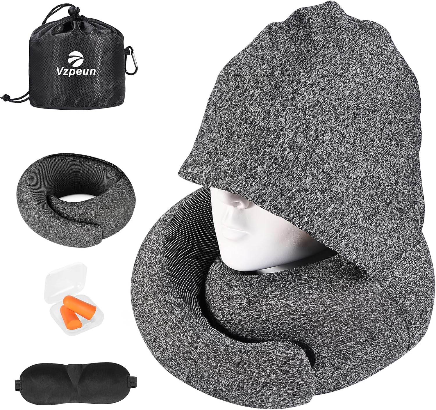Vzpeun Travel Pillow - Hooded Neck Pillow Airplane Memory Foam Filling for Plane, Office, Cars Sleeping, Road Trip, Long Flights, Airplane…