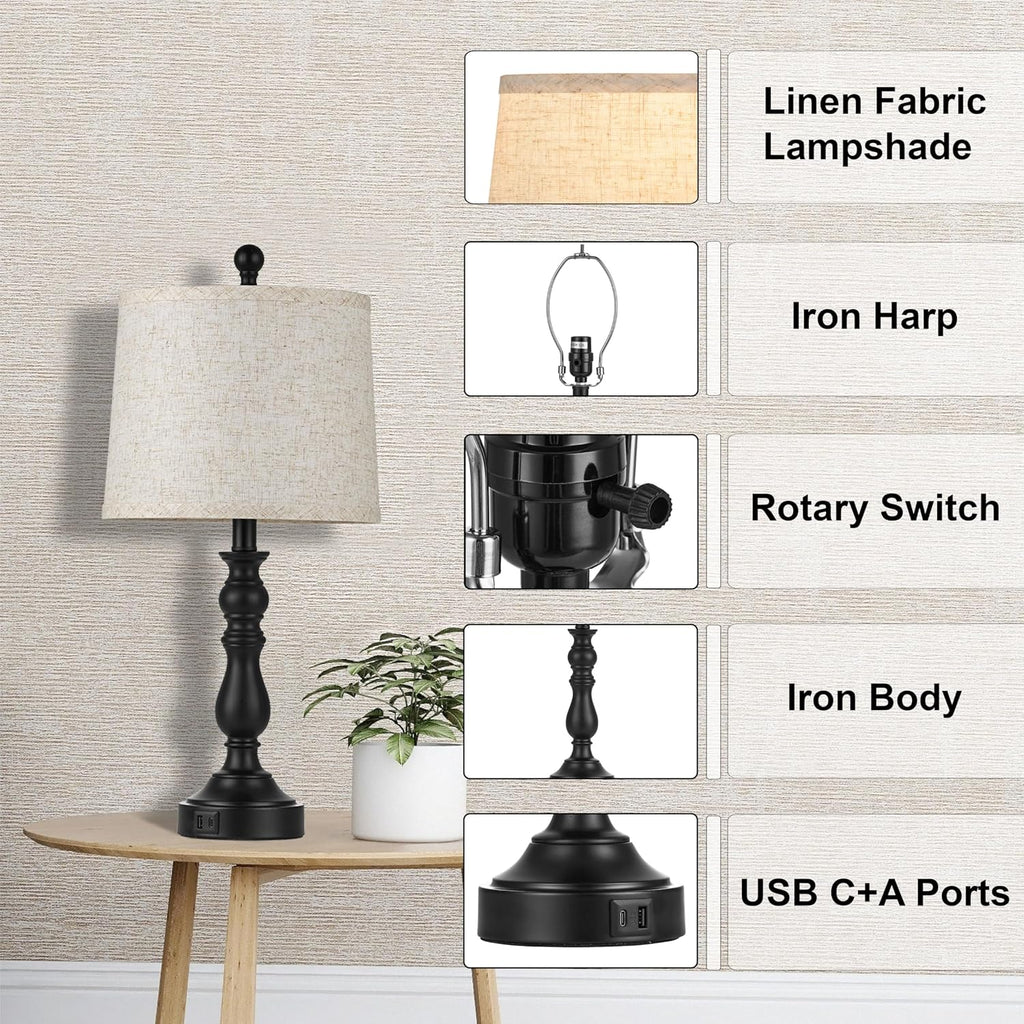 23'' Farmhouse Table Lamps for Living Room Set of 2 with USB C+A Ports, Retro Bedside Lamp for Bedroom, Office, Dining Room, Knob Switch…