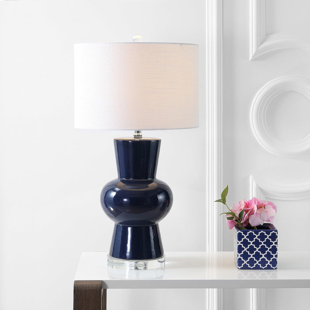 JONATHAN Y 28.5" Navy Ceramic Table Lamp for Living Room Bedroom Nightstand, Modern Hourglass LED Bedside Lamp with Crystal Base and…