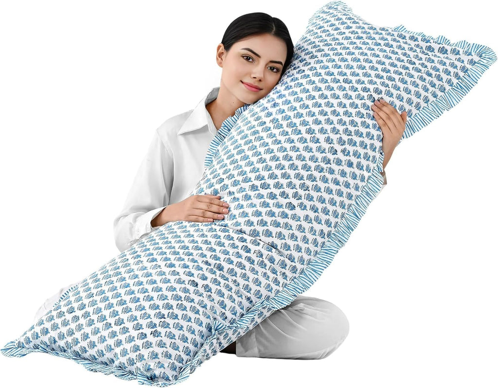 Cottonprintclub CPC Hand Block Print Apatite Blue Ruffle Sham Pillow Cover 54" x 20" inch Hidden Zipper Decorative Pillowcase for Couch, Be…