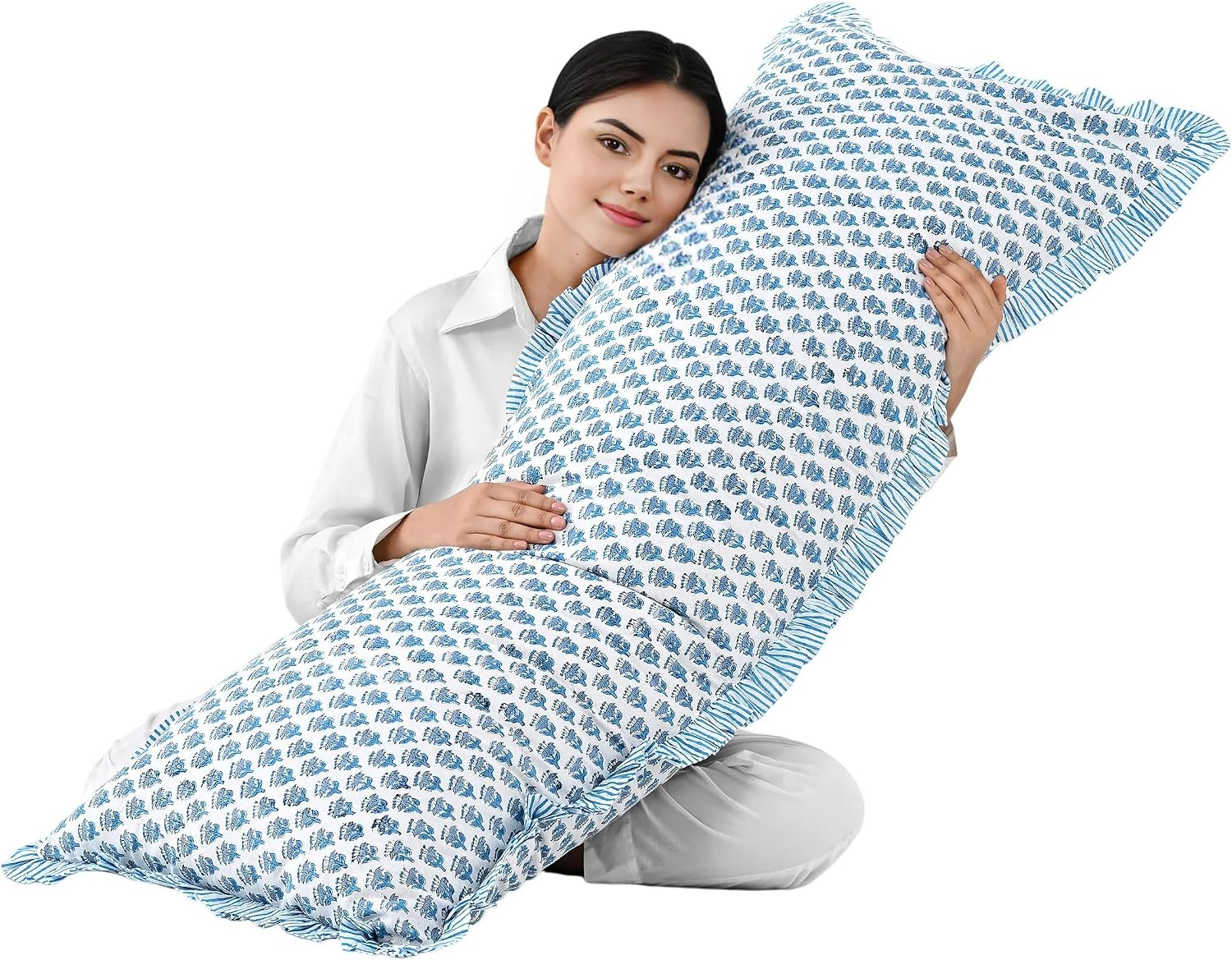 Cottonprintclub CPC Hand Block Print Apatite Blue Ruffle Sham Pillow Cover 54" x 20" inch Hidden Zipper Decorative Pillowcase for Couch, Be…