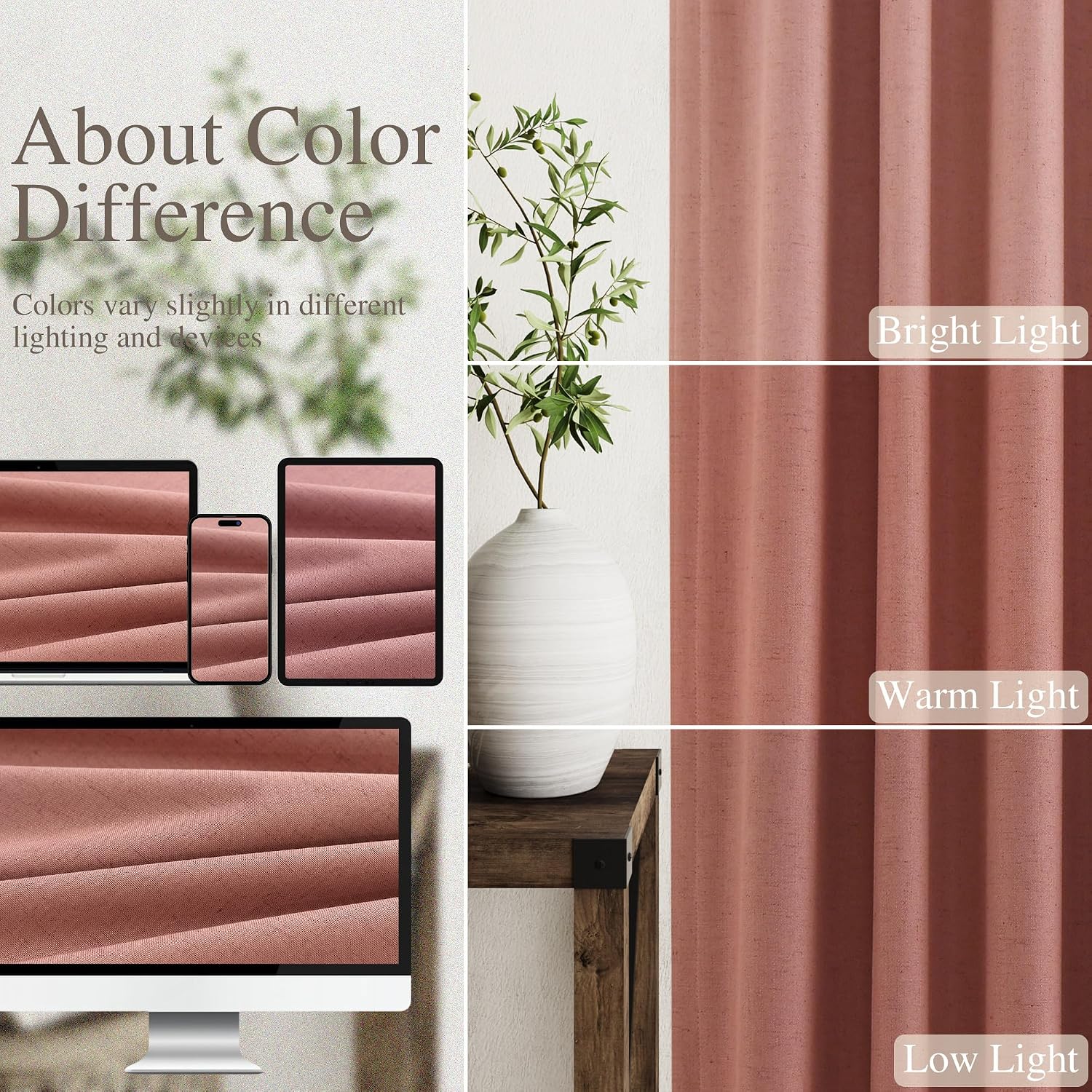Nanspring Canyon Rose 100% Blackout Linen Curtains for Bedroom 90 Inches Long Back Tab Thermal Insulated Modern Boho Decor Black Out Girl C…