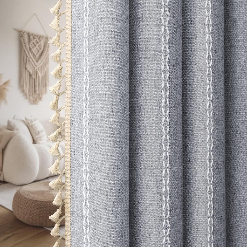 XOGUIBO Blue Boho Blackout Curtains 2 Panels 84 Inch for Living Room Bedroom, Linen Texture Farmhouse Curtains with Tassels and Whit…