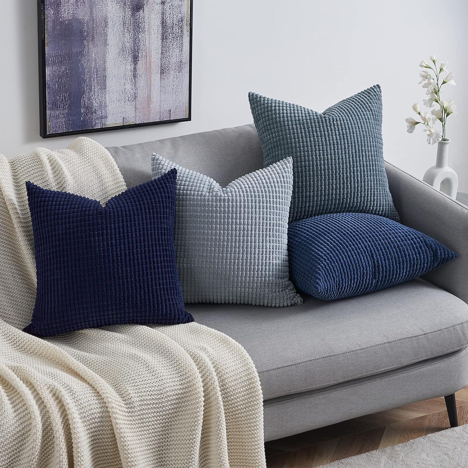 Topfinel Summer Throw Pillow Covers 20x20 Inch Set of 4, Blue Corduroy Decorative Cushion Cover, Modern Unique Pillow for Couch, Sofa, Living R…