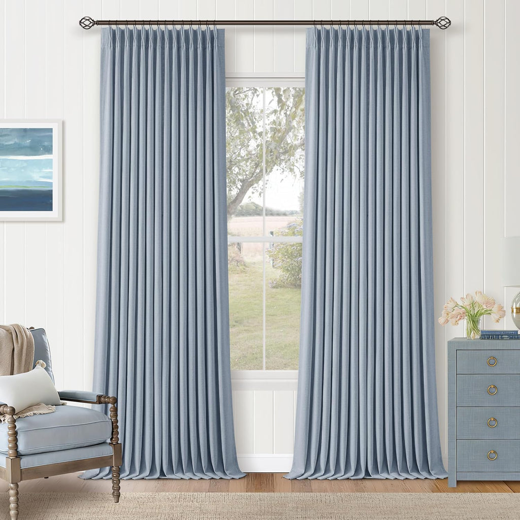 Twodrapes Blue Linen Blackout Pleated 86 Inch Curtains for Living Room Darkening Pinch Pleat 100% Black Out Drapes Thermal Insulated Soundp…