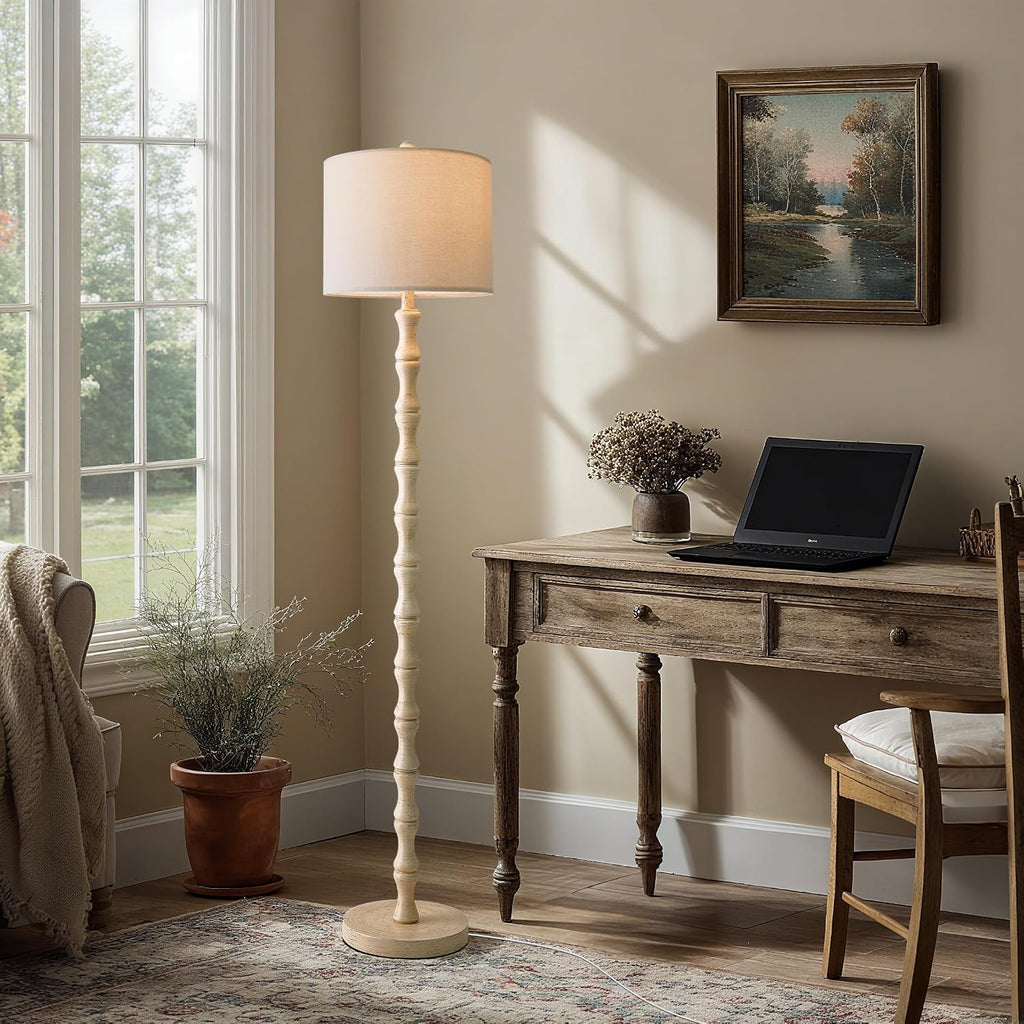 BOBOMOMO 62" Rustic Farmhouse Floor Lamp Antique White with Remote & Dimmable 9W Bulb, 3 Color Temperatures Resin Standing Lamp, Retro…