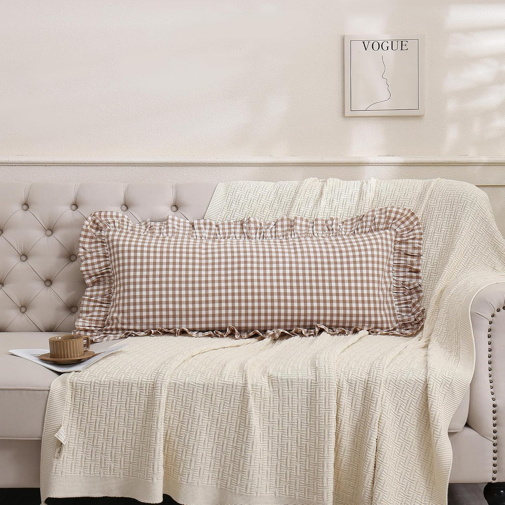 Qilunn 14x36 inches Taupe Plaid Ruffle Gingham Lumbar Throw Pillow Cover, Pure Cotton Decor Pillowcase French Country Vintage Fall Pillow C…