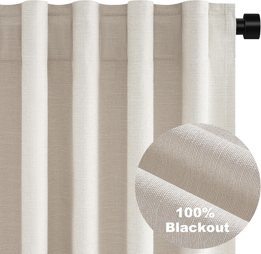 Topfinel 70 Inches Extra Wide Natural Linen Blackout Curtains 84 Inch Long for Living Room 100% Black Out Back Tab Pleated Drapes for Bedro…