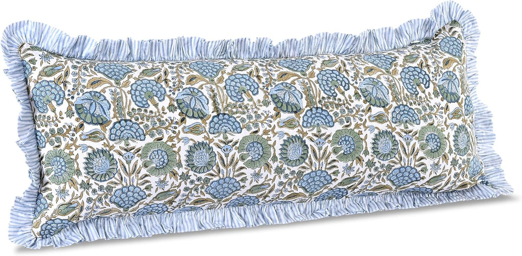 Ridhi Block Print Asparagus Green 36"x14" Set 1-100% Cotton Ruffle Lumbar Sham Cover Boho Floral Pillowcase, Farmhouse Cottagecore…