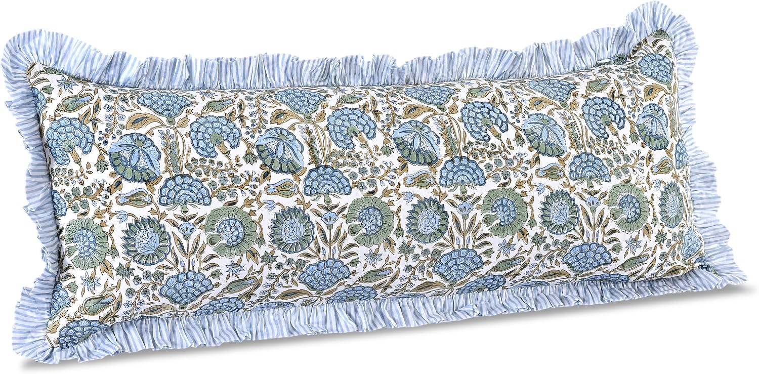 Ridhi Block Print Asparagus Green 36"x14" Set 1-100% Cotton Ruffle Lumbar Sham Cover Boho Floral Pillowcase, Farmhouse Cottagecore…
