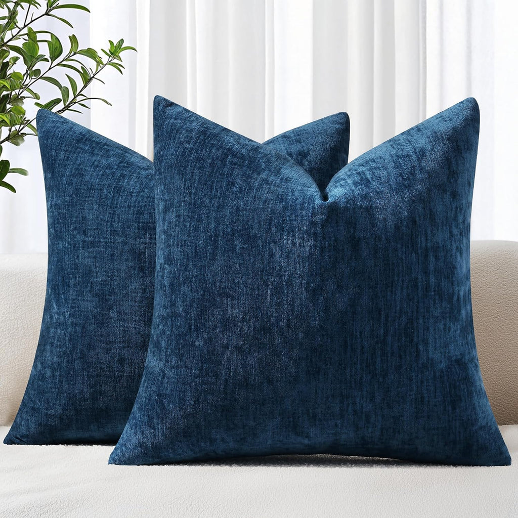 decorUhome Chenille Navy Blue Summer Throw Pillow Covers 18x18 Inch Set of 2, Decorative Soft Couch Pillow Covers Solid Dyed Accent Farmhou…