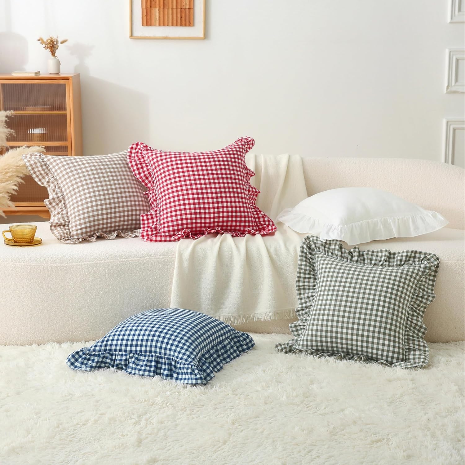Jilboo 2 Pack 18 x18 inches Sage Green/White Checkered Throw Pillow Covers 100% Washed Cotton Vintage Ruffle Trim Decorative Gingham Pillow…