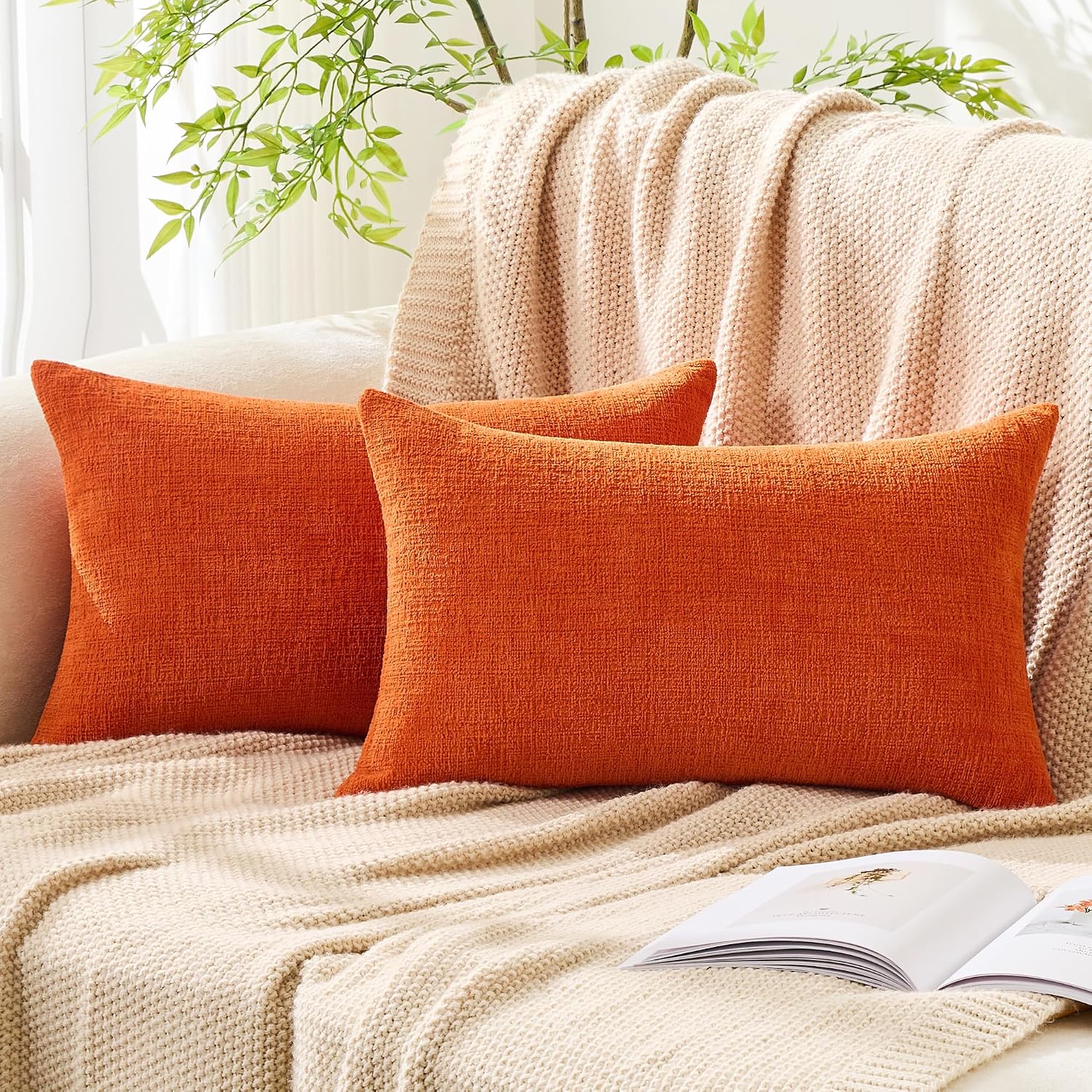 Gawamay Set of 2 Decorative Lumbar Soft Chenille Throw Pillow Covers 12x20 Inch (30x50 CM), Boho Farmhouse Cushion Cases, Couch Pillow Cove…