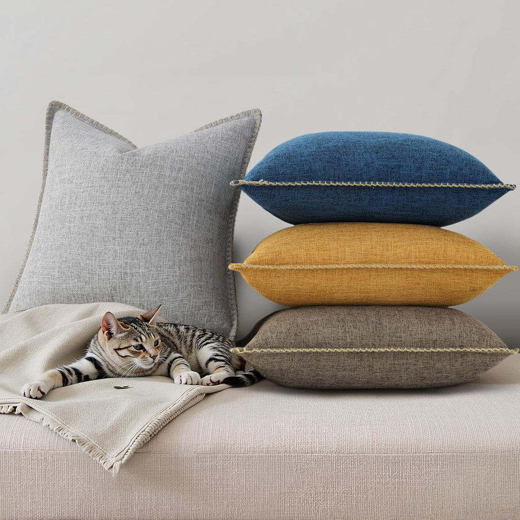 decorUhome Summer Decorative Throw Pillow Covers 12x20 Set of 2 Lumbar Faux Linen Outdoor Neutral Farmhouse Pillow Covers with Stitched…