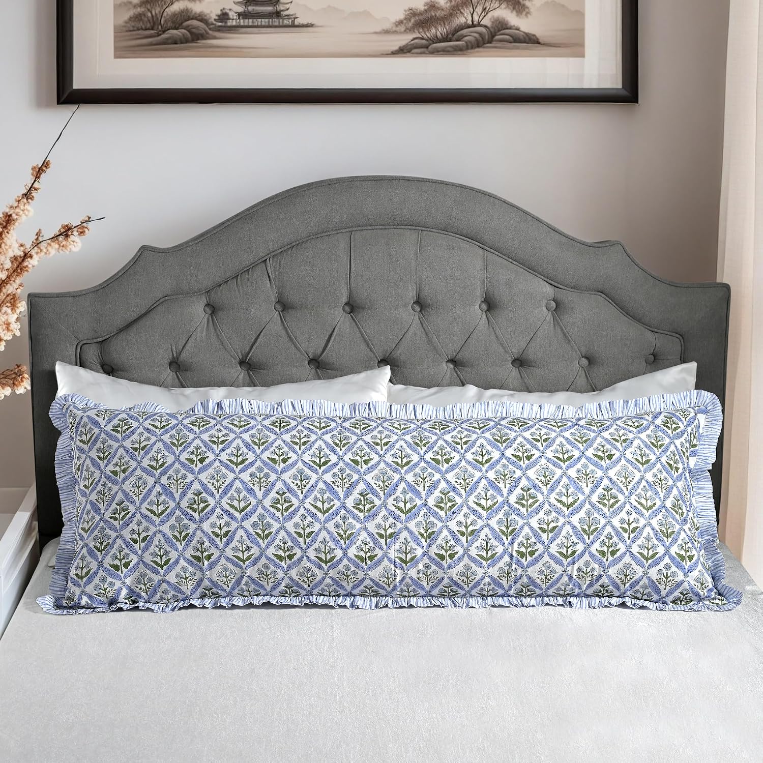Ridhi Block Print Light Steel Blue 54"x20" Set 1-100% Cotton Ruffle Lumbar Sham Cover Boho Floral Pillowcase, Farmhouse Cottagecore…