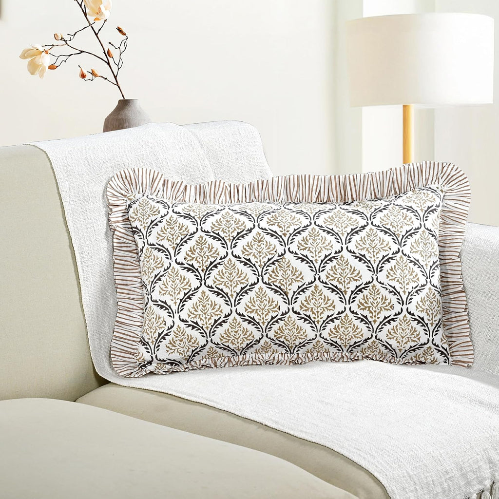 Cottonprintclub CPC Hand Block Print Sandstone Regal Ruffle Sham Pillow Cover 20" x 12" inch Hidden Zipper Decorative Pillowcase for Couch,…