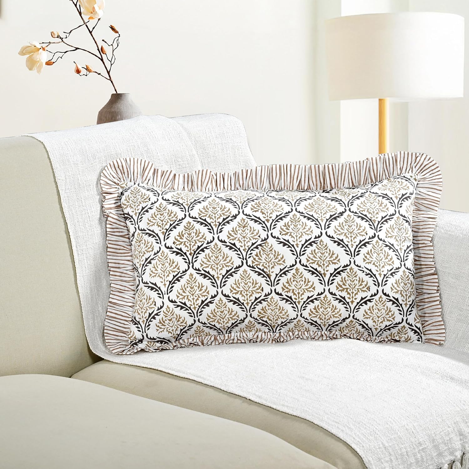 Cottonprintclub CPC Hand Block Print Sandstone Regal Ruffle Sham Pillow Cover 20" x 12" inch Hidden Zipper Decorative Pillowcase for Couch,…