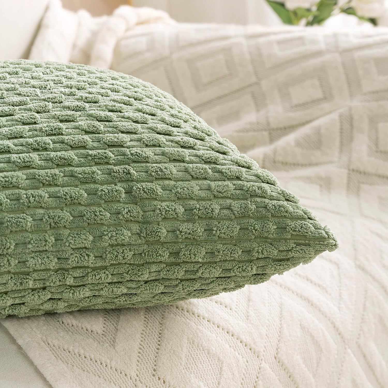 Cozoomy Set of 4 Sage Green Decorative Throw Pillow Covers 18x18 Inch Corduroy Pillow Covers for Bed Couch Sofa Living Room Soft Square Cus…