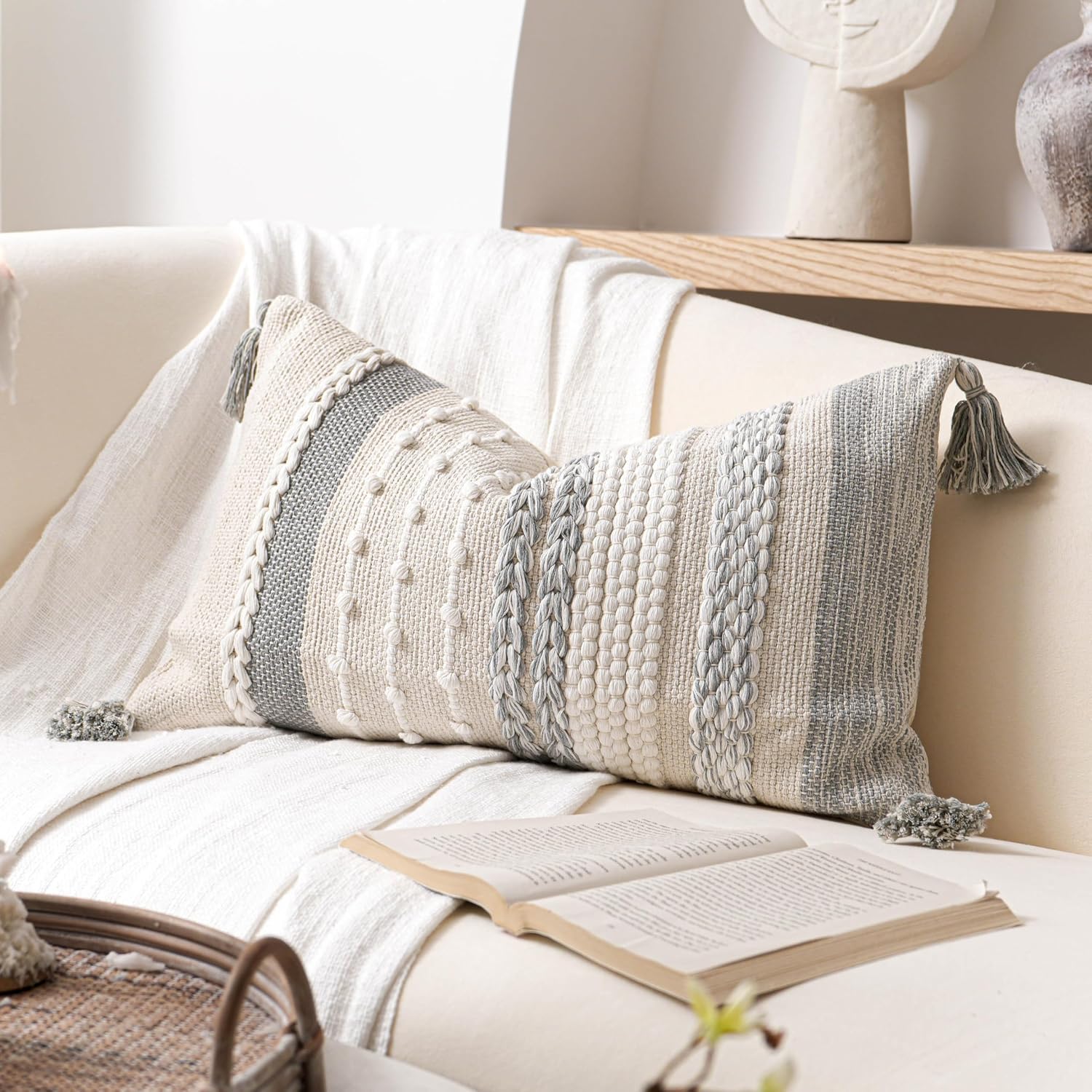 BlissBlush Gray Decorative Lumbar Pillow Cover 14x24, Grey Boho Long Body Pillow for Bed, Farmhouse Lumbar Throw Pillow for Couch, Modern…