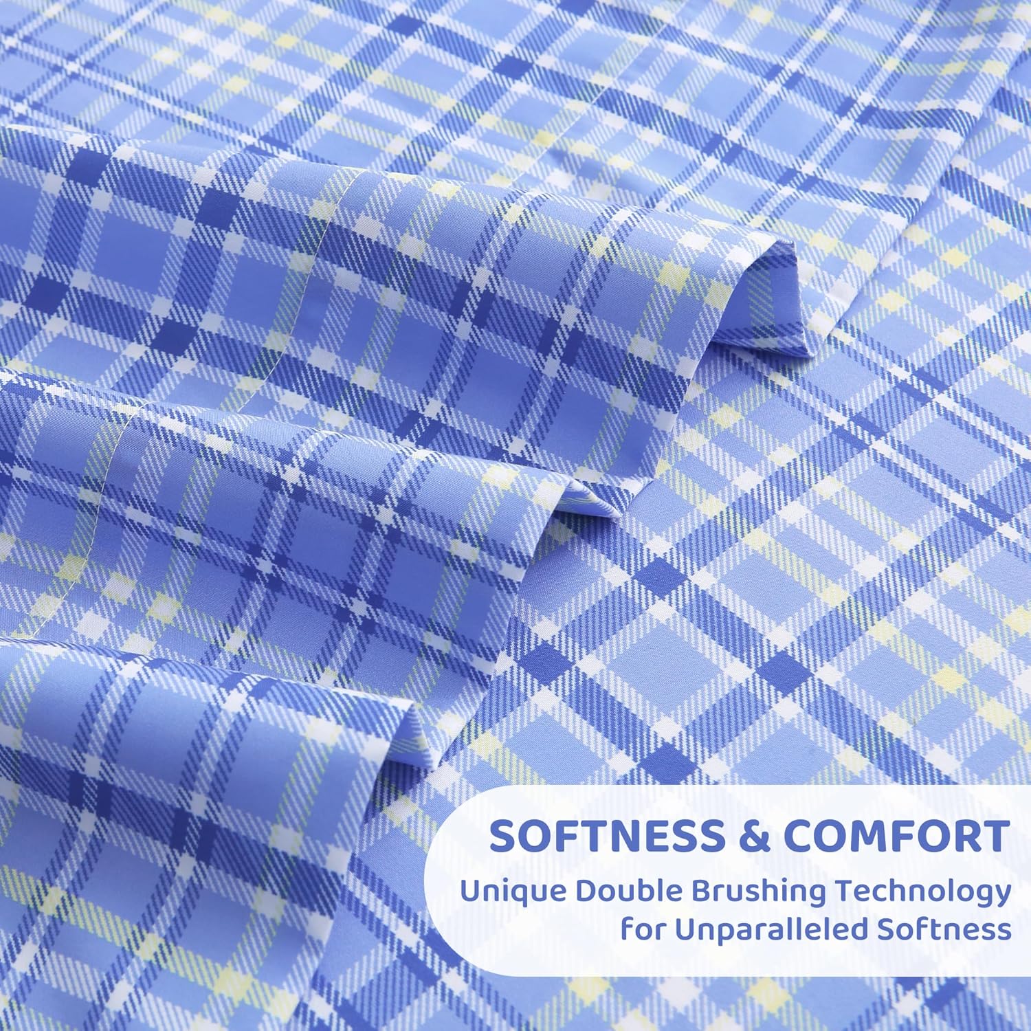 mooreeke Cozy Plaid Microfiber Printed Twin Sheet Set - Soft & Breathable Purple Yellow Plaid Bed Sheets with Extra Deep Pocket - Non-Slip…