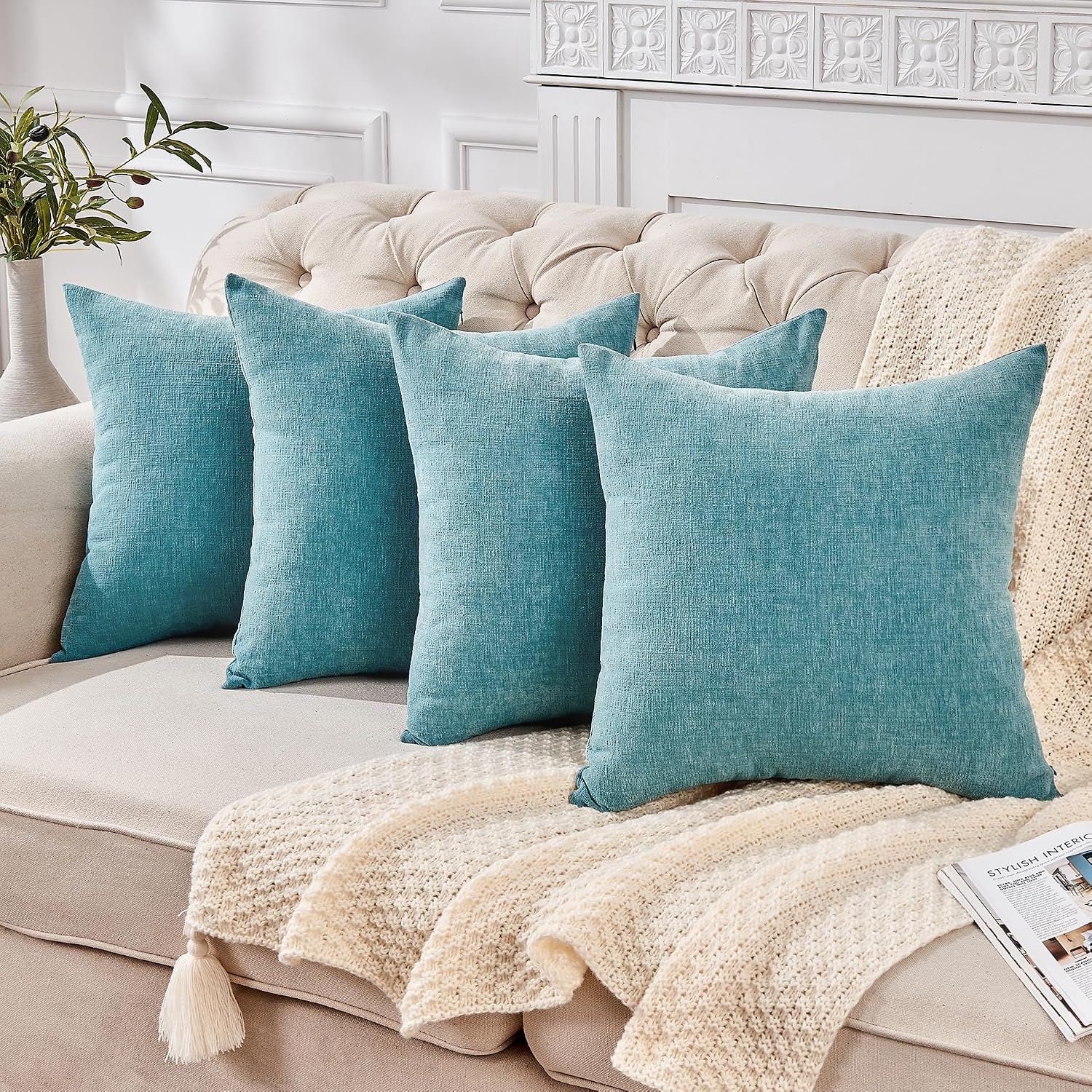 Gawamay Decorative Square Throw Pillow Covers 18"x18" Inch Set of 4, Super Soft Chenille Pillows Farmhouse Fall Pillowcase for Living Room…