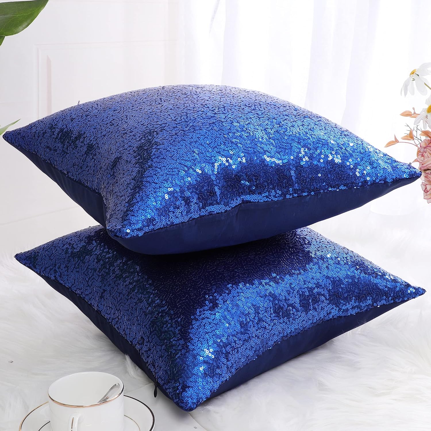 uxcell 2 Pcs Dark Blue Sequin Throw Pillow Covers, Shiny Sparkling Comfy Satin Sequin Cushion Covers, Decorative Pillowcases for…