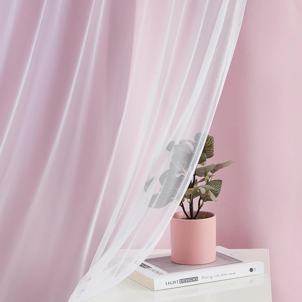 Bujasso Pink Blackout Curtains with Sheer Overlay Mix and Match Double Layer 80% Room Darkening Window Treatment Set for Girls Bedroom Livi…