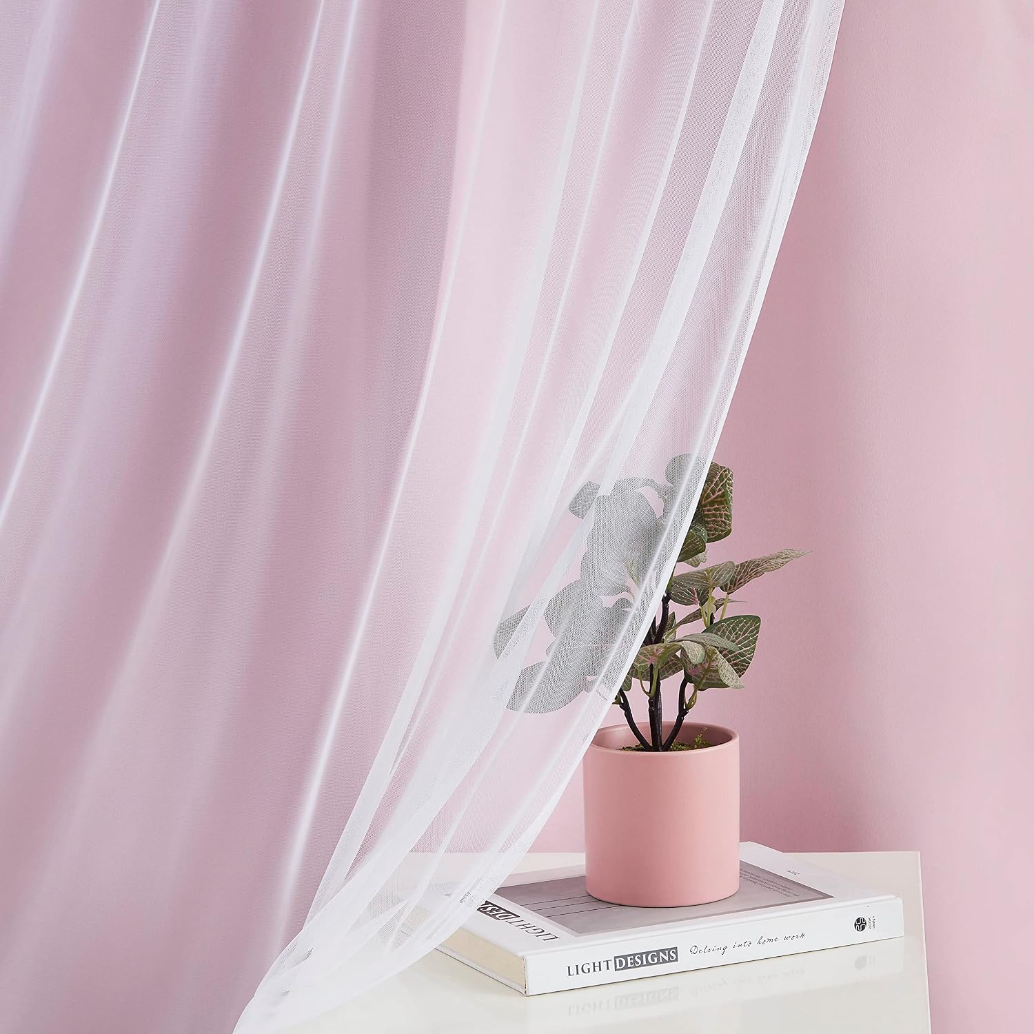 Bujasso Pink Blackout Curtains with Sheer Overlay Mix and Match Double Layer 80% Room Darkening Window Treatment Set for Girls Bedroom Livi…