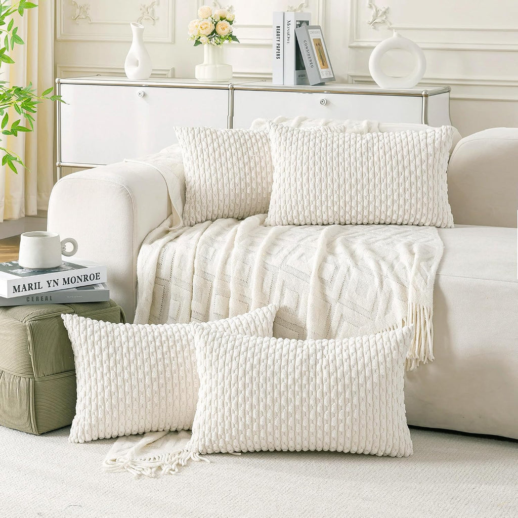 Cozoomy Set of 4 Cream White Decorative Throw Pillow Covers 12x20 Inch Corduroy Pillow Covers for Bed Couch Sofa Living Room Soft Cushion C…